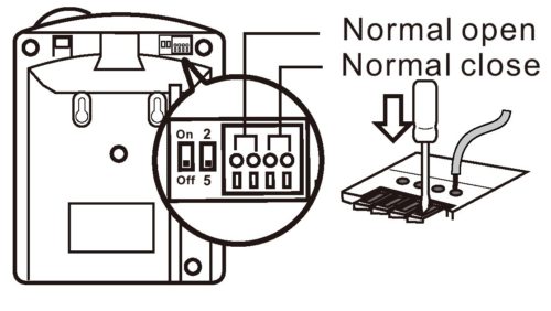 LRA-DCRX Relay Diagram.  Use a small screwdriver to put wires for external device into NO or NC slots.