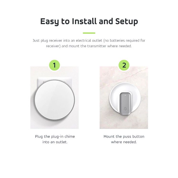 SS250 Safeguard Supply Round Kinetic Button Setup SS250-Safeguard-Supply Door Chime Kit Uses a Kinetic Push Button & Plugin Receiver. To set up, plugin the receiver, Use Double Sided Tape to Stick Button to Wall