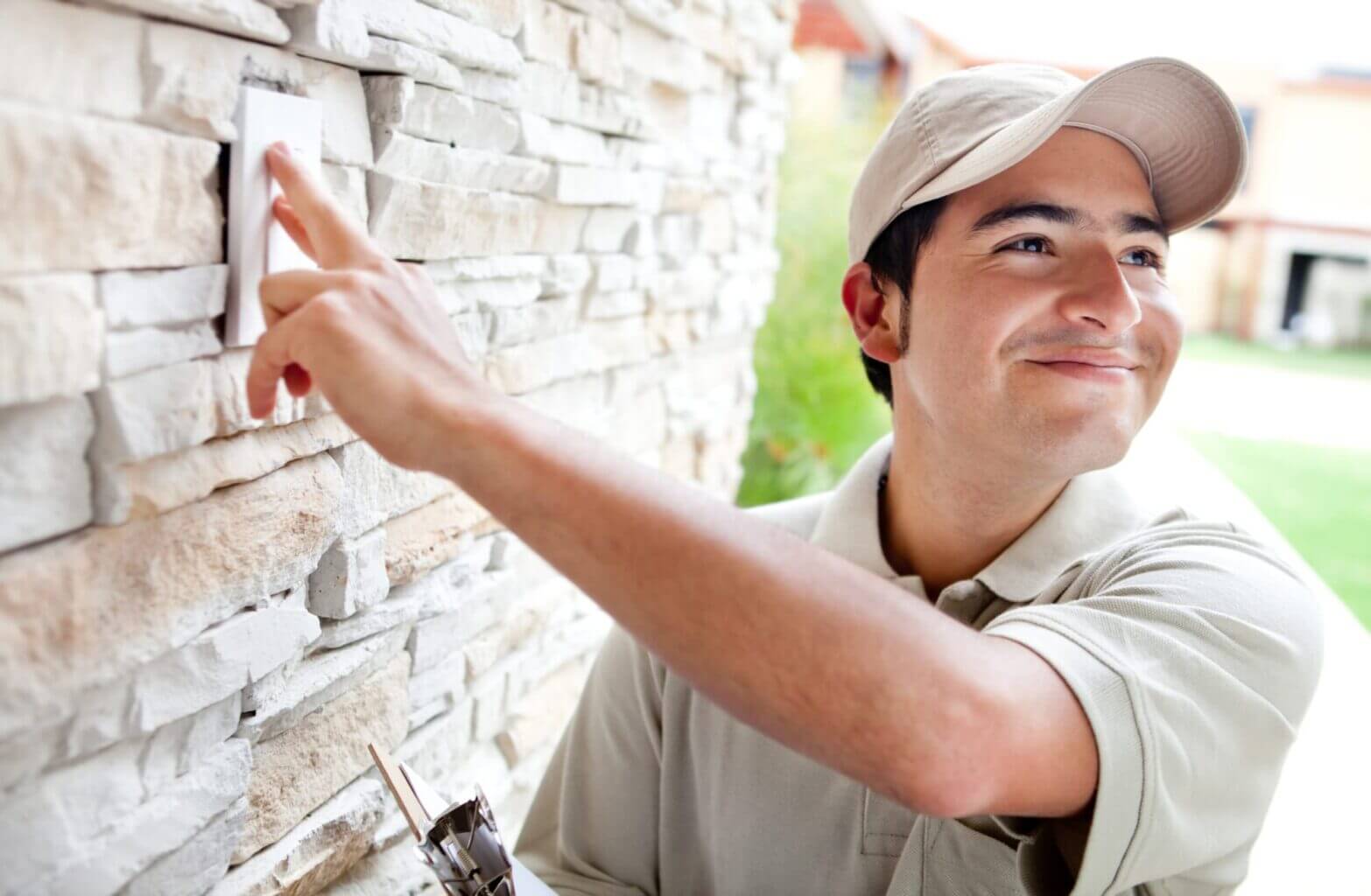 Delivery man push doorbell button at front door