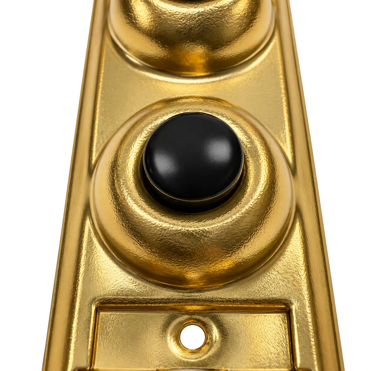 Close-up of the black unlighted push button and brass ring on the Lee Electric BC203