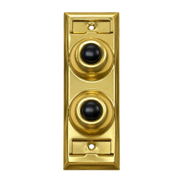Lee Electric BC203 two-family brass wired doorbell button, front view with two black buttons and two name plates