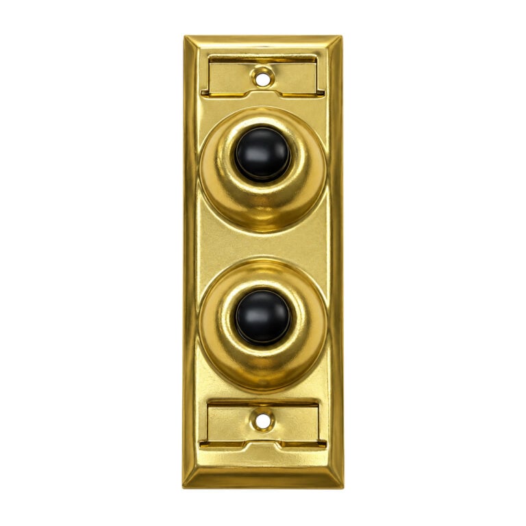 Lee Electric BC203 two-family brass wired doorbell button, front view with two black buttons and two name plates Lee Electric BC203 two-family brass wired doorbell button, front view with two black buttons and two name plates