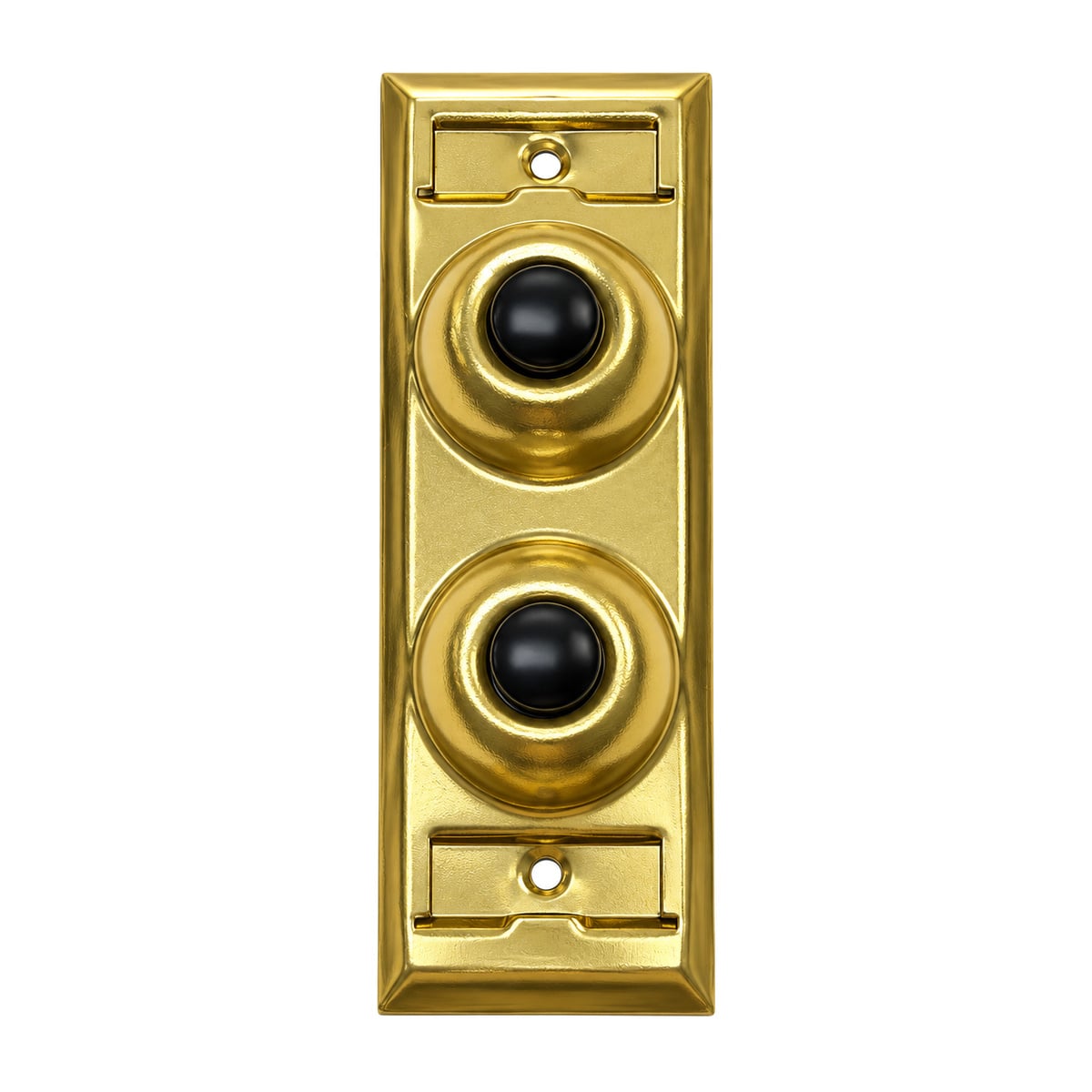 Lee Electric BC203 two-family brass wired doorbell button, front view with two black buttons and two name plates