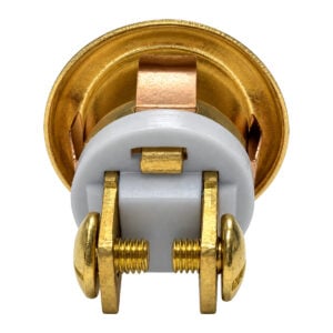 Back of the Lee Electric BC205B doorbell button insert showing the two brass screw terminals and spring tabs