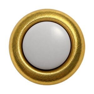 Lee Electric BC205B 5/8 inch doorbell button insert, front view with bright gold-tone rim and white push pad