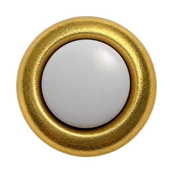 Lee Electric BC205B 5/8 inch doorbell button insert, front view with bright gold-tone rim and white push pad