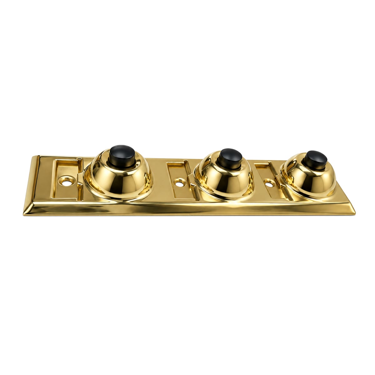 Angled view of the Lee Electric BC208B polished brass three-button plate showing the domes and name plate pockets