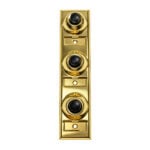 Lee Electric BC208B three-family doorbell button station in polished brass, front view with three black buttons and three name plates