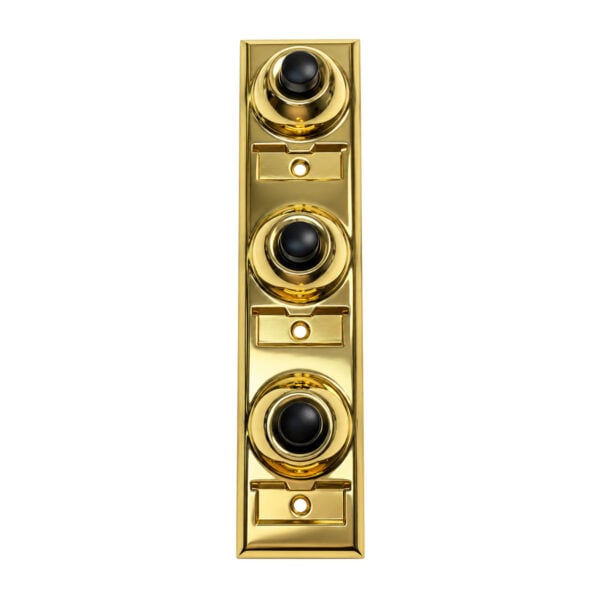 Lee Electric BC208B three-family doorbell button station in polished brass, front view with three black buttons and three name plates