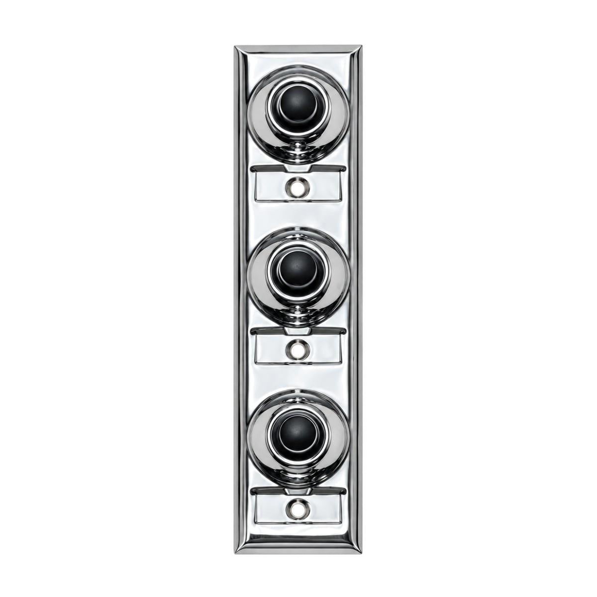 Lee Electric BC208C three-family doorbell button station in polished chrome, front view with three black buttons and three name plates