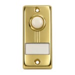 Lee Electric BC267LG gold lighted wired doorbell button, front view with white button and name plate window