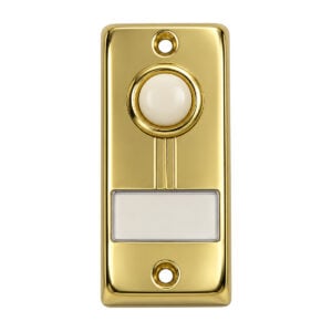 Lee Electric BC267LG gold lighted wired doorbell button, front view with white button and name plate window