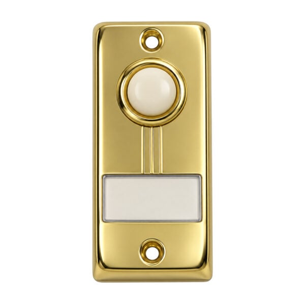 Lee Electric BC267LG gold lighted wired doorbell button, front view with white button and name plate window