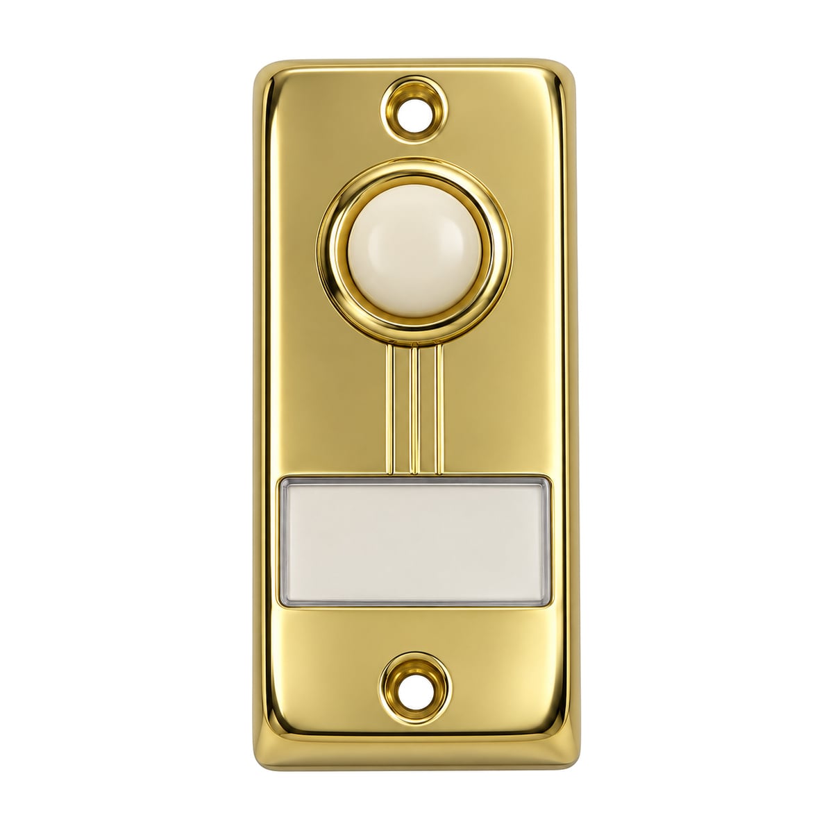 Lee Electric BC267LG gold lighted wired doorbell button, front view with white button and name plate window