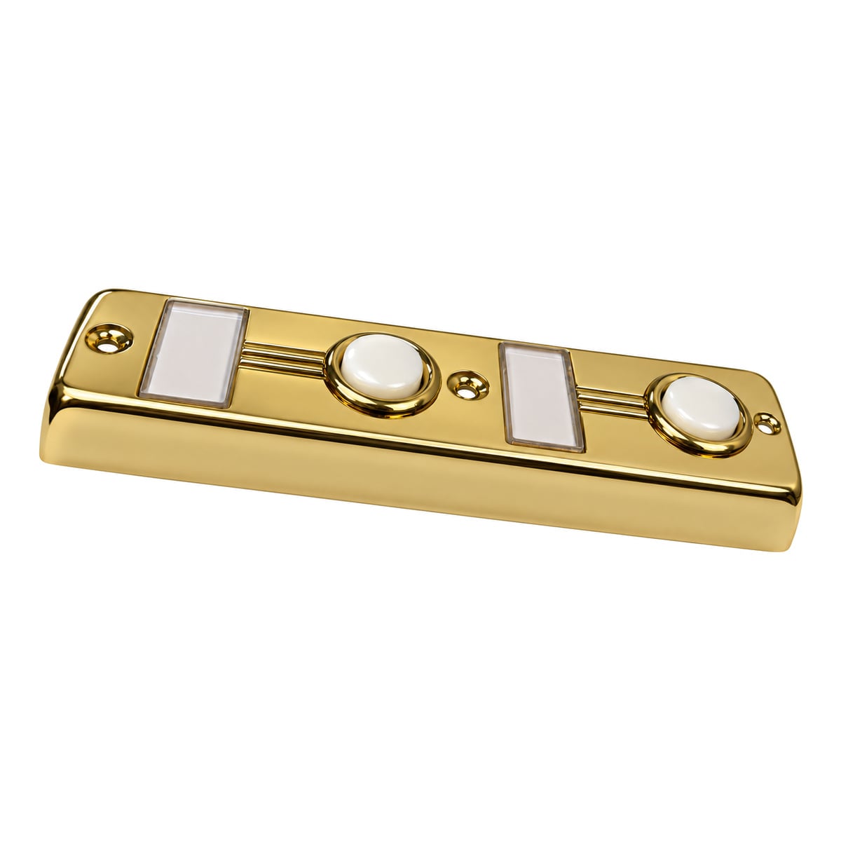 Angled view of the Lee Electric BC268LG gold two-family plate showing the two lighted buttons and name plate windows