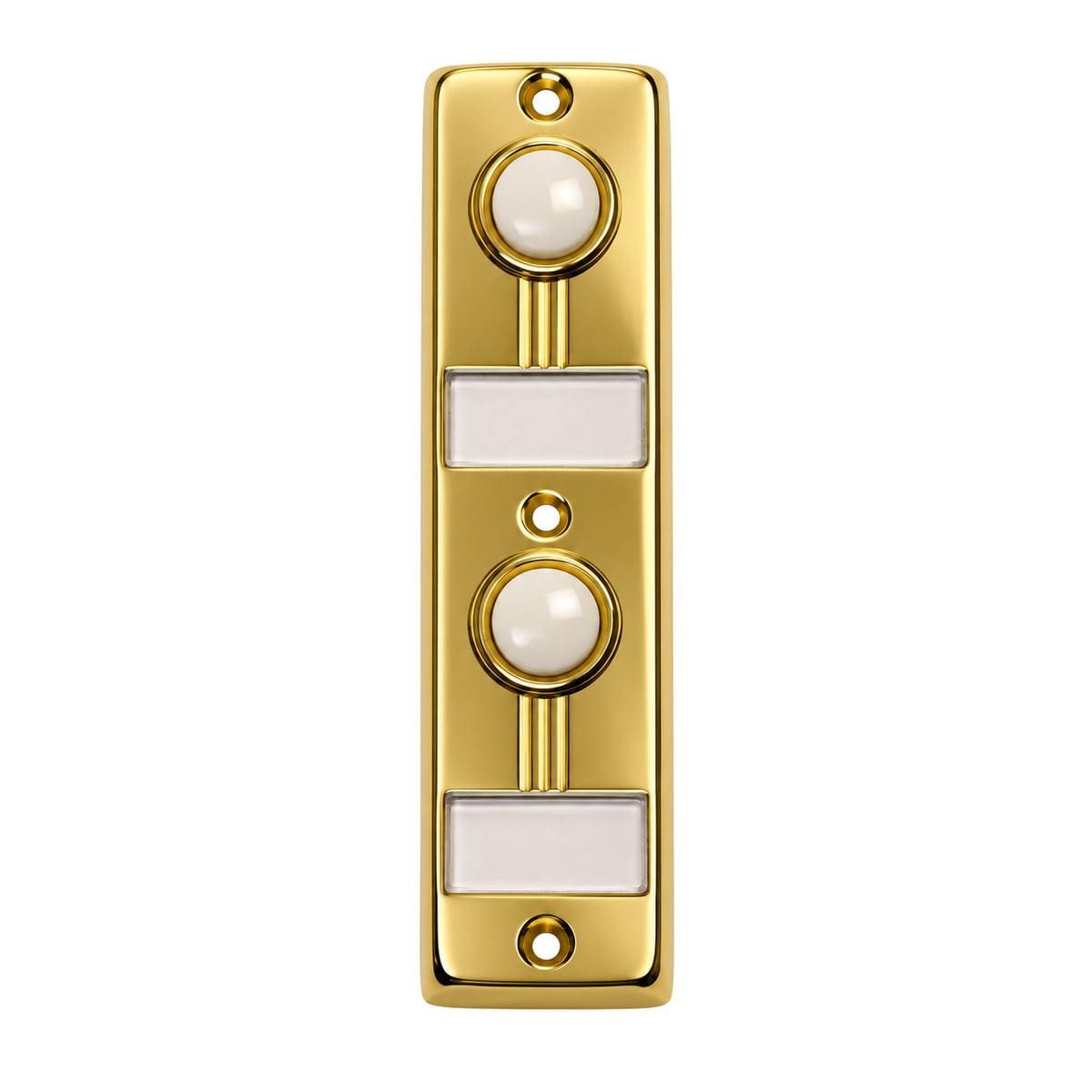 Lee Electric BC268LG two-family lighted doorbell button station in gold, front view with two white buttons and two name plate windows
