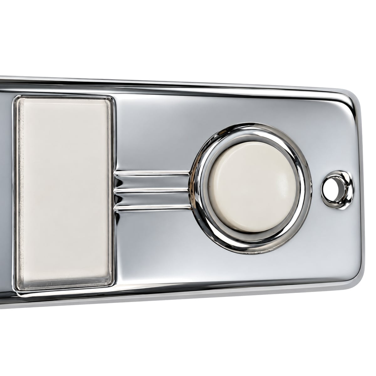 Close-up of a white lighted push button, name plate window and mounting hole on the Lee Electric BC268LS silver plate