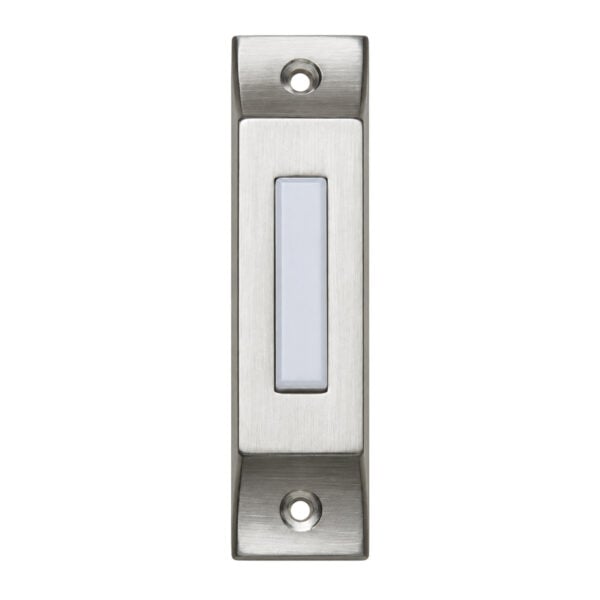 Lee Electric BC293LSS slim brushed stainless steel lighted doorbell button, front view with white rectangular button