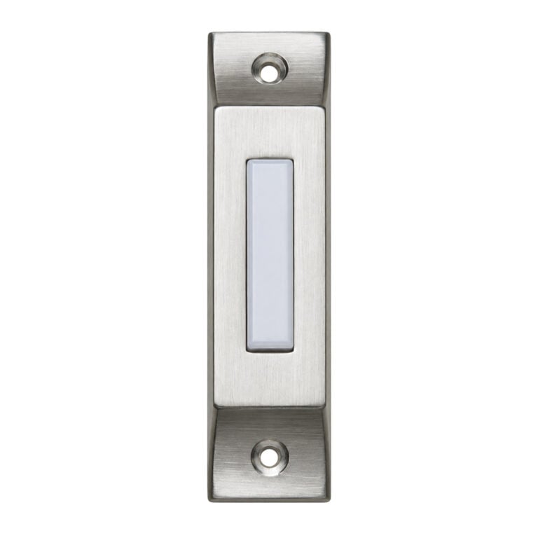 Lee Electric BC293LSS slim brushed stainless steel lighted doorbell button, front view with white rectangular button Lee Electric BC293LSS slim brushed stainless steel lighted doorbell button, front view with white rectangular button
