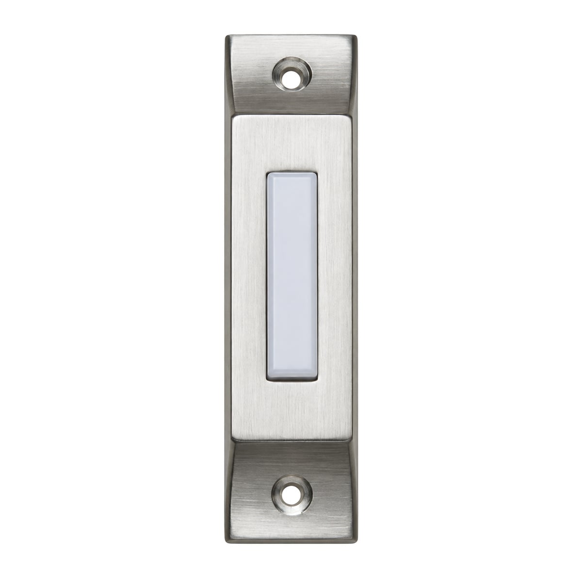 Lee Electric BC293LSS slim brushed stainless steel lighted doorbell button, front view with white rectangular button