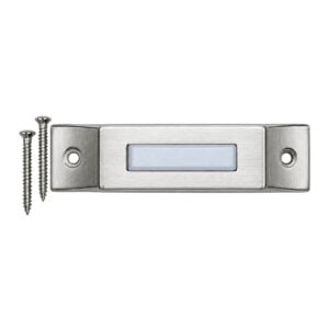 Lee Electric BC293LSS slim stainless steel doorbell button laid flat with the two included mounting screws