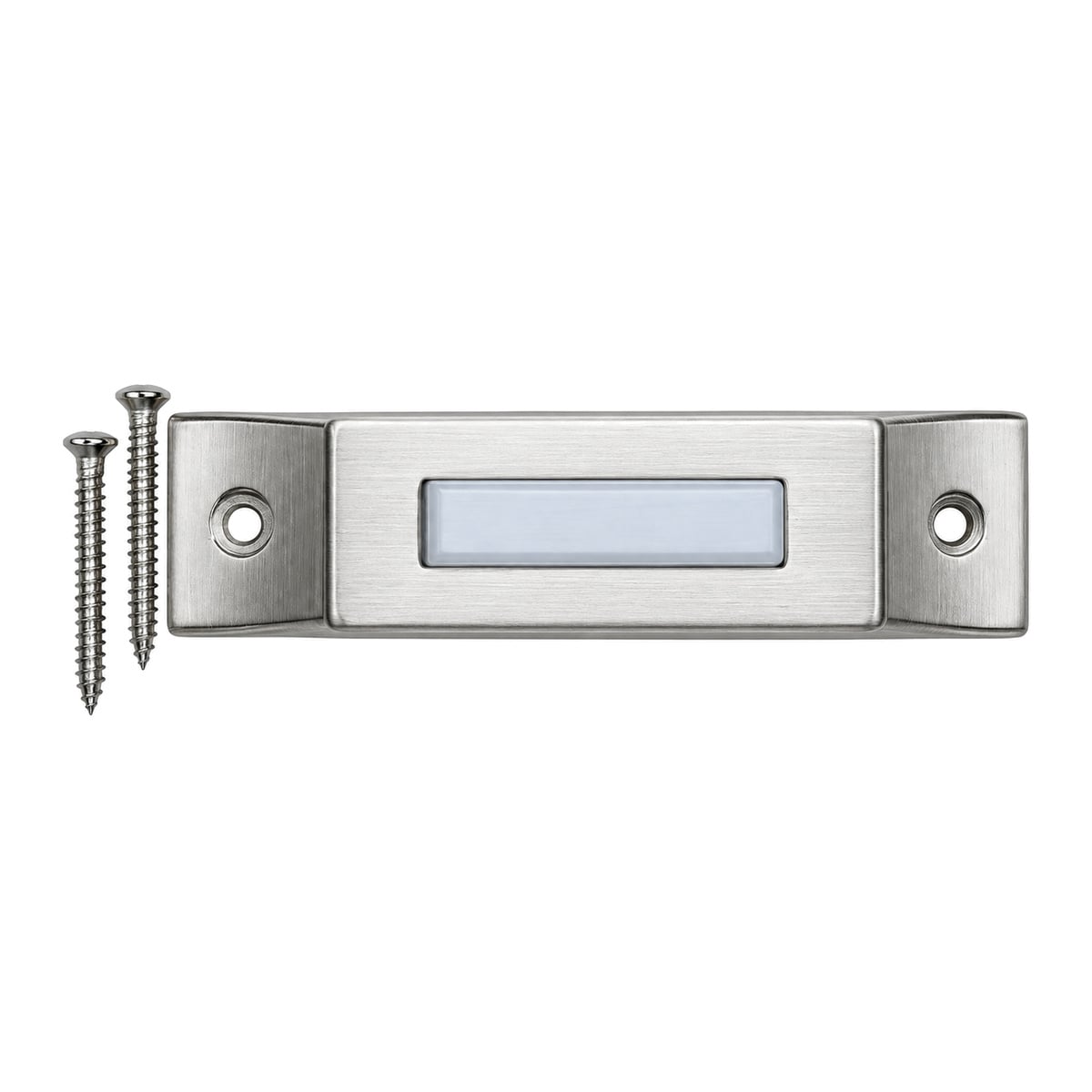 Lee Electric BC293LSS slim stainless steel doorbell button laid flat with the two included mounting screws