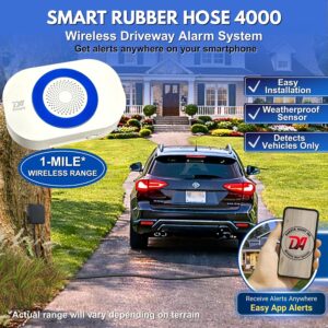 Rubber hose driveway alarm across a driveway sending vehicle alerts to a smartphone